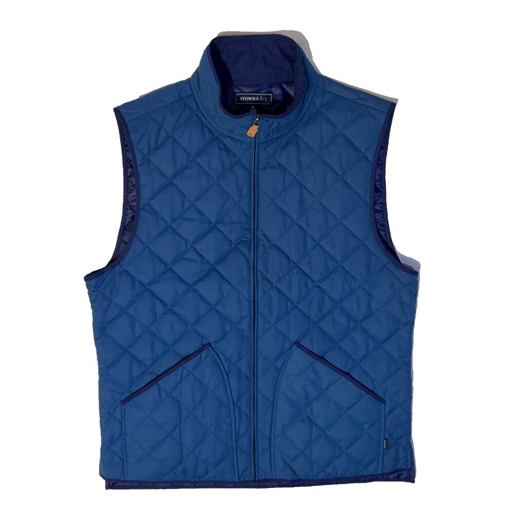 Crown & Ivy Quilted Full Zip Vest Mens - M Beige & Blue Golf Sport Jacket Hiking